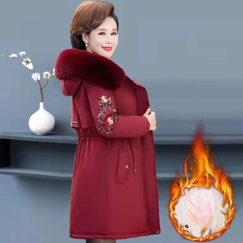 Women's Winter Fleece Padded Jacket Thick Warm Mid-Length Embroidered Hooded Padded Coat