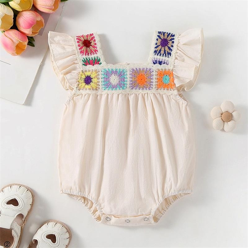 

Baby Girl Clothes Summer Cotton Newborn Baby Girl Fly Sleeve Square Neck Crochet Flower Embroidery Romper Baby Clothing 66