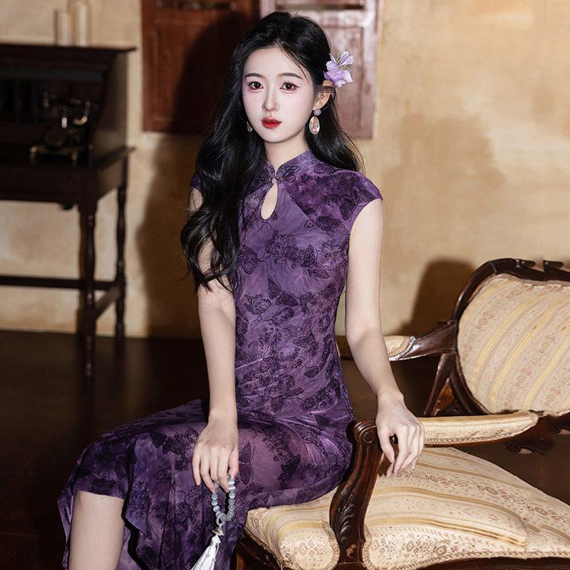 Purple fishtail national style new Chinese sleeveless long cheongsam improved young 1011 new women's high-end dress