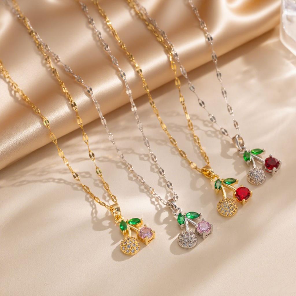 Fresh‑Sweet‑Tone Small‑Cherry Micro‑Inlaid Women Necklace, Fashion Temperament Versatile Exquisite High‑Sense Collarbone Neck Accessories