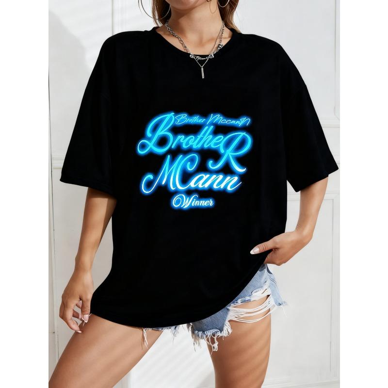 White Oversized T-Shirt With Brother Mcann Winner Neon Blue Graphic Print For Casual Wear And Street Style S