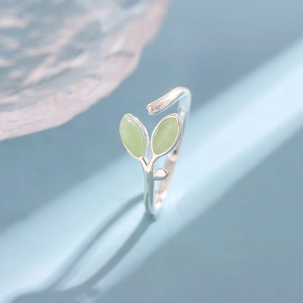 New Fashion Creative Temperament Sweet Opal 925 Sterling Silver Jewelry Green Leaf Female Crystal Opening Rings   R232