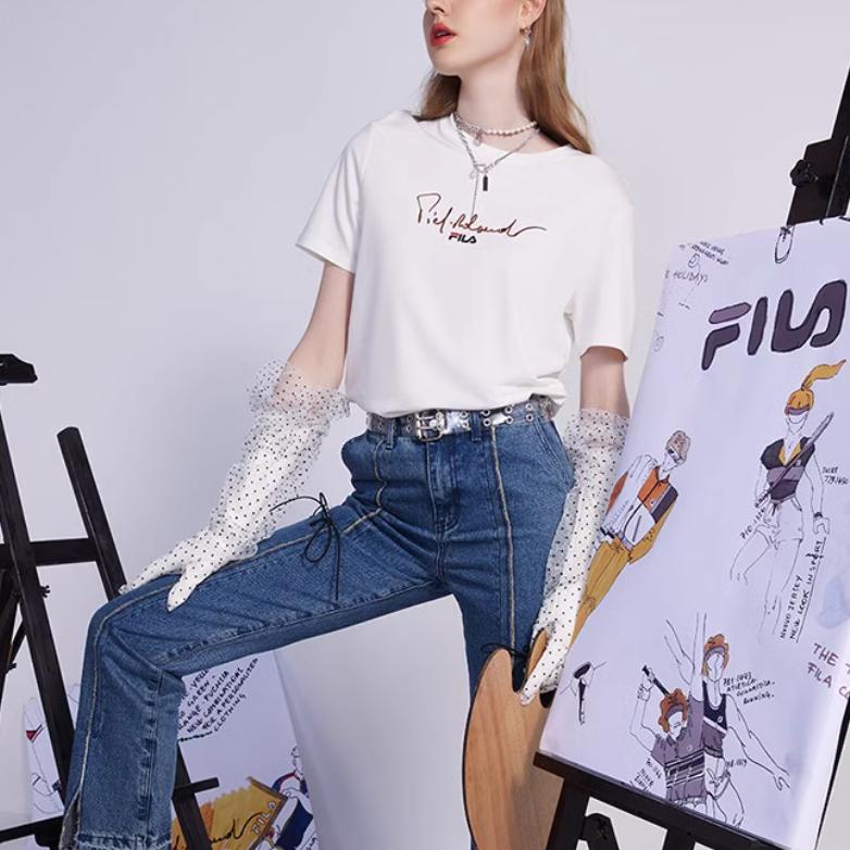 FILA Logo Print Loose Fit Round Neck Short Sleeve T-Shirt Women tops White F51W328102F-WT