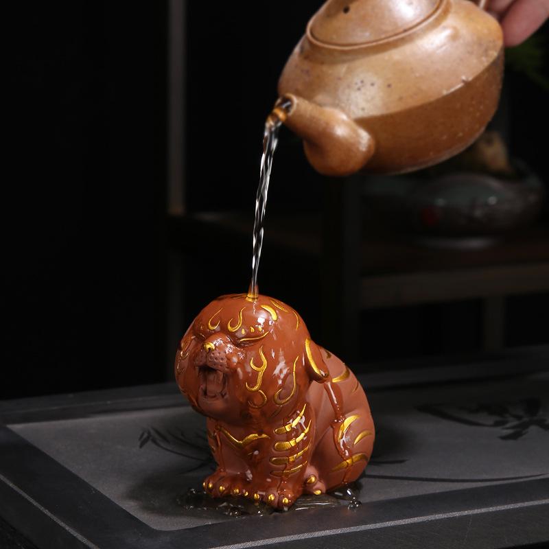 Gold-Inlaid Purple Clay Tiger Tea Pet Ornament