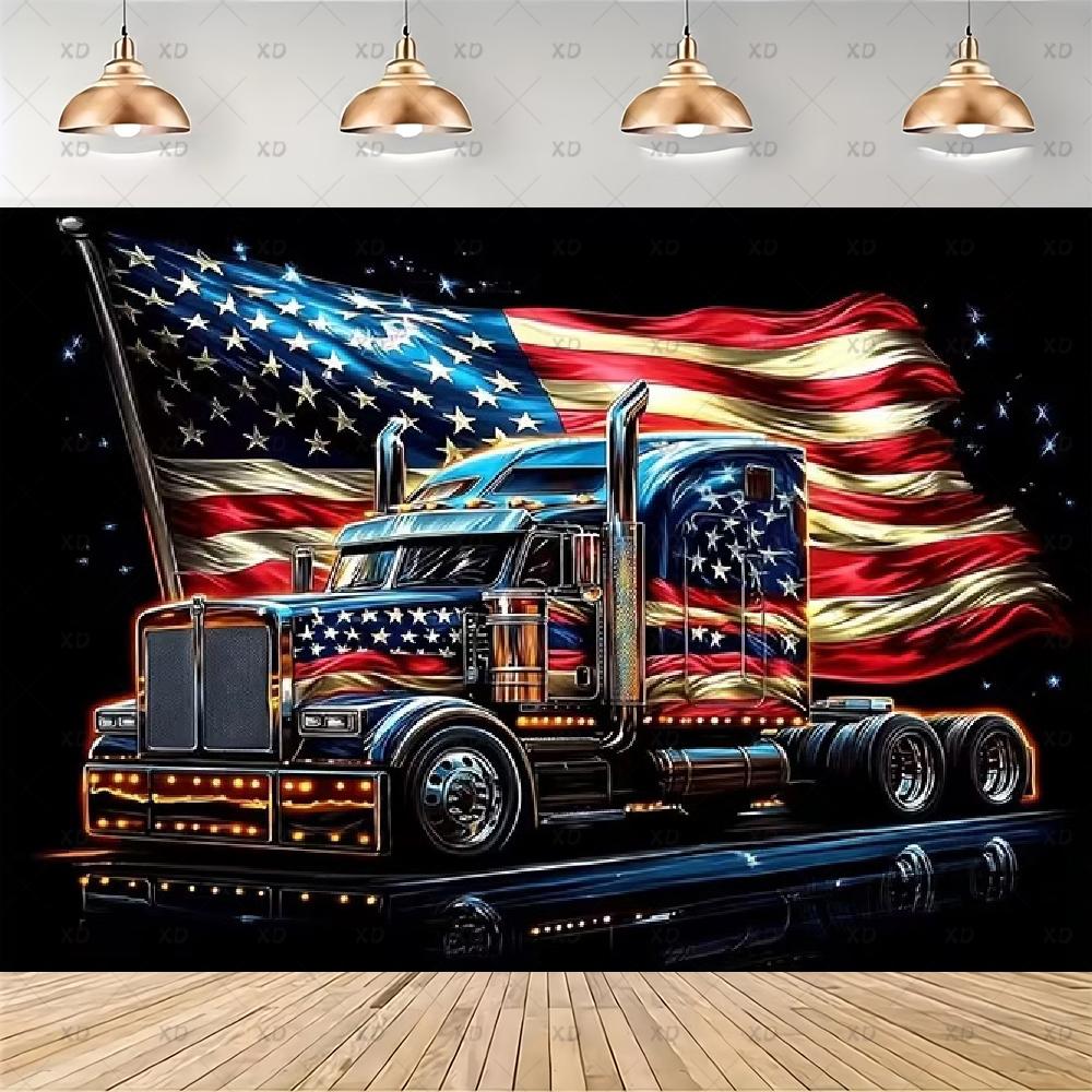 American flag photographic backdrop, red, white and blue stripes, vintage truck, party decoration, banner2888