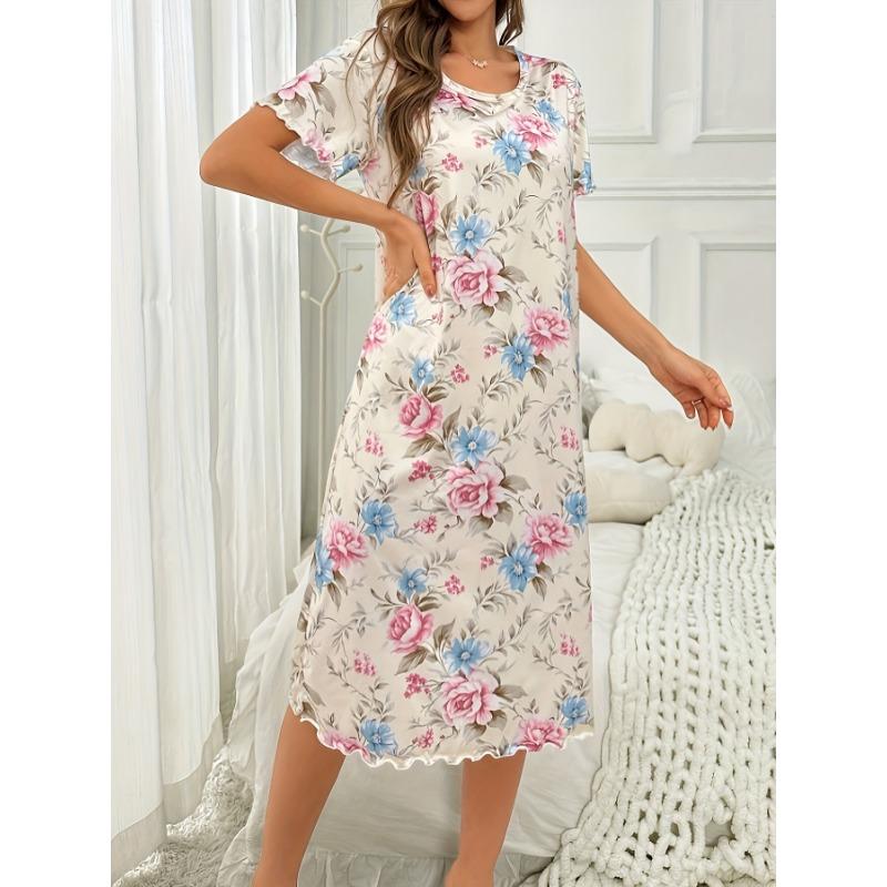 Velká velikost, Kulatý výstřih, Krátký rukáv, Modrý květ meruňky, Domácí oblečení, Noční košile, Šaty, Ležérní, Dámské oblečení s potiskem