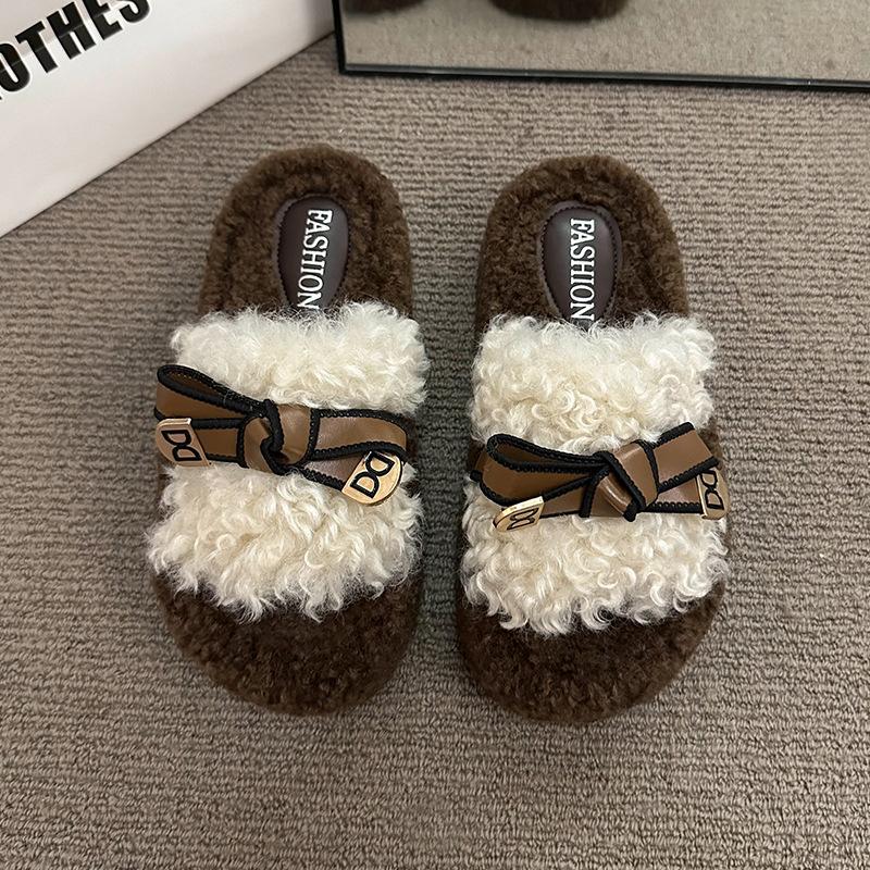 

Thick-soled lamb wool slippers women wear piled warm non-slip Internet celebrity autumn and winter fluffy cotton slippers 35