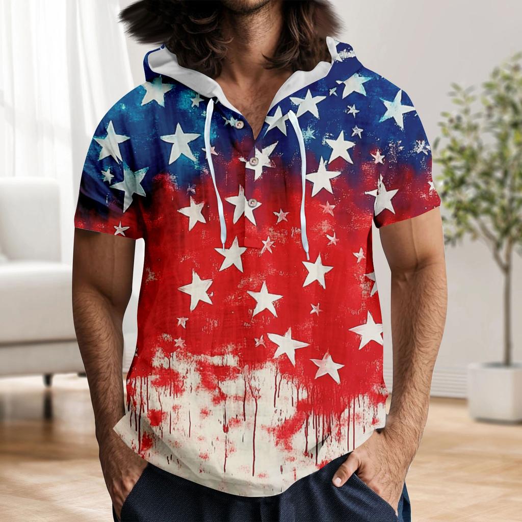 Men'S Casual Short Sleeved Hooded Top Buttoned Open Neck T-Shirt