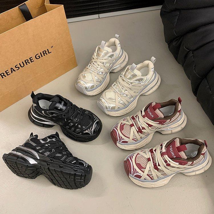 Leather platform dad shoes women's summer 2025 new mesh breathable shoes small height-increasing sports shoes autumn