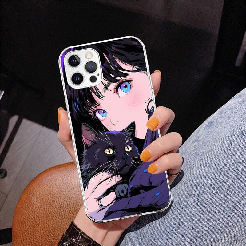 Anime Girls Cute Black Cat Phone Case For iPhone 17 Air 16 Pro Max 16E 15 + 14 Plus 11 12 13 Mini 7 8 SE Gift Print Cover Fundas