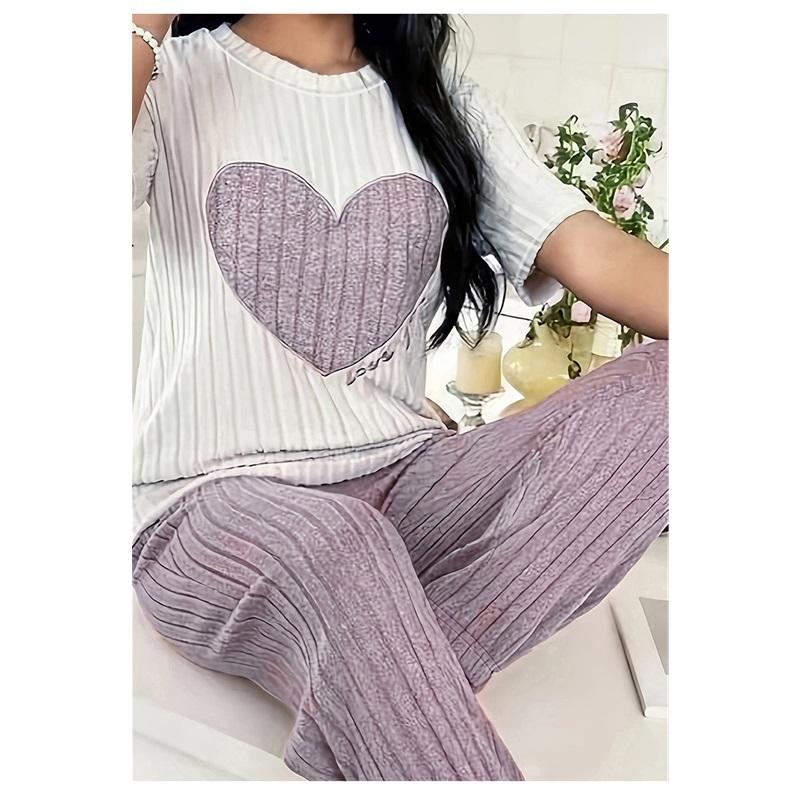 Love Heart Soft Skin Friendly Comfortable Home Wear 2 Piece Set Sleepwear Nightdress For Women Cozy Holiday Leisure Wear