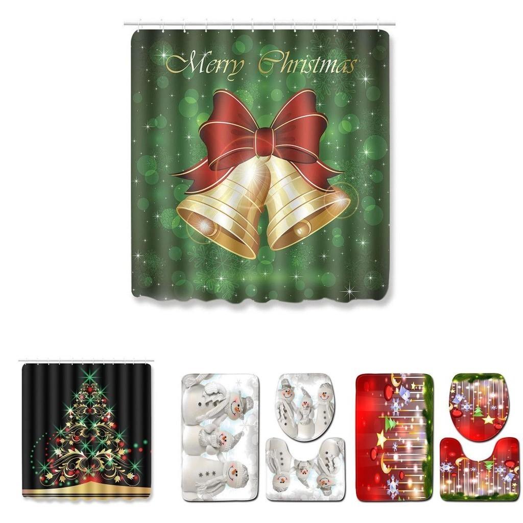 Beautiful 4pcs Christmas Shower Curtain And Toilet Cushion Set For Holiday Home Decoration