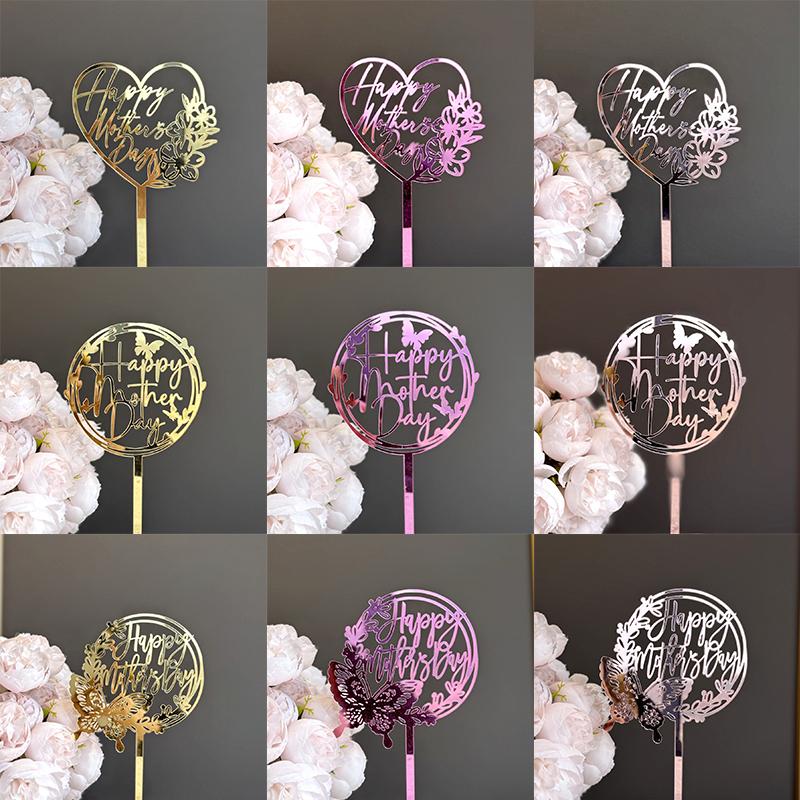 New Happy Mother'S Day Birthday Cake Topper Gold High-Grade Acrylic Mom Party Cake Toppers Mother'S Day Gifts Dessert Decoration