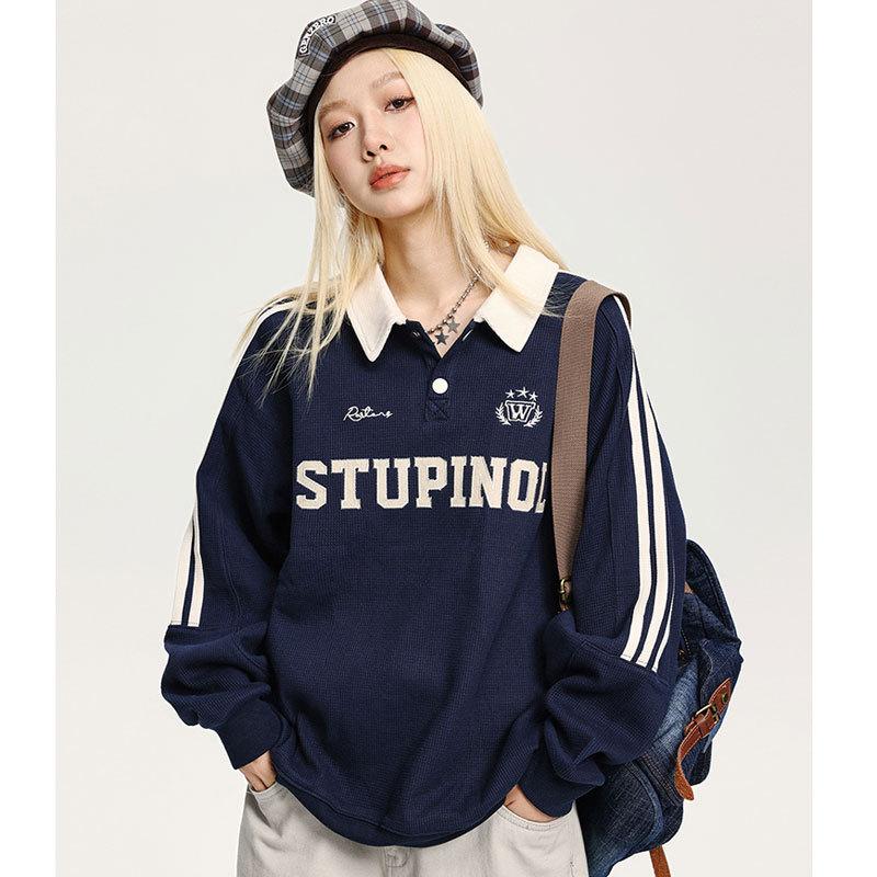 Unisex Poloshirt Langarm Lockerer Schnitt Buchstabendruck Waffelstruktur Streifen Raglan Sweatshirt