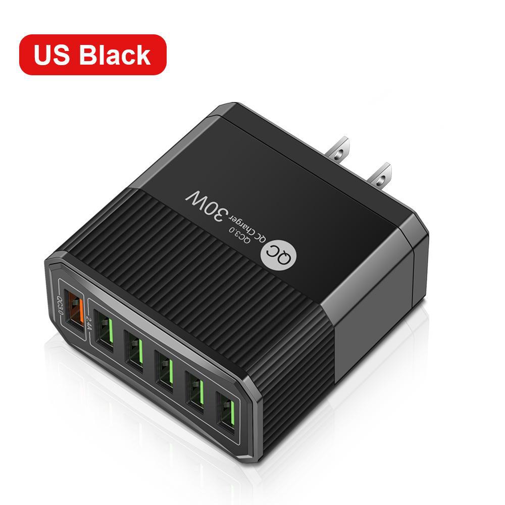 30W 6-Port QC3.0 Multi-Plug Fast Charger for EU, US, UK, & Korea
