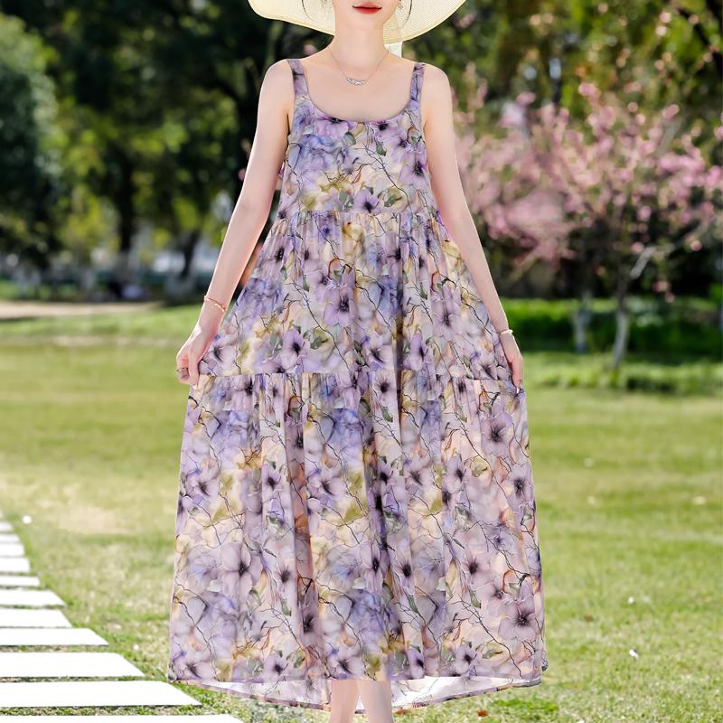 Elegant Sling Dress for Women Plus Size Casual Summer Long Dress Vintage Middle-aged Women's Clothing