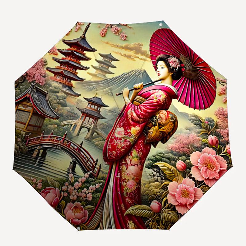1pc Geisha Blossoms Automatic Open/Close Umbrella, Windproof, Folding Compact Umbrella with Lightweight Design for Women/Men037