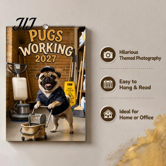 Home Study Room Decoration 2027 Pugs Working Wall Calendar, Funny Dog Hanging Office Organizer 12 Monthly Planner with Unique Illustrations for Decor