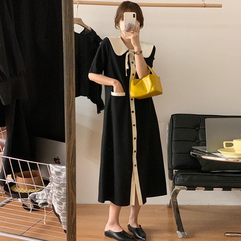 French Style Peter Pan Collar Dresses Women's Fashion Drawstring Summer Single-breasted A-Line Basic Pockets Long Dress