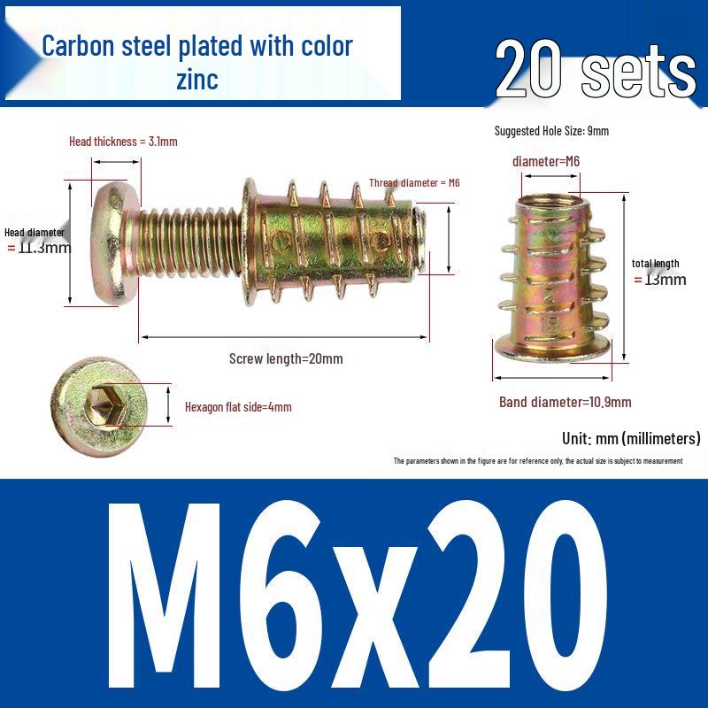 Flat Head Hex Socket Screws & Pre-embedded Nut Set for Wooden Bed Connectors