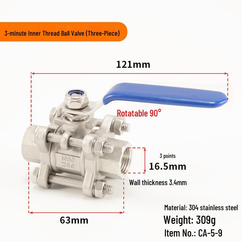 304 Stainless Steel Ball Valve, 1/2/3-Piece, Internal Thread Water Switch, Size DN15/DN10
