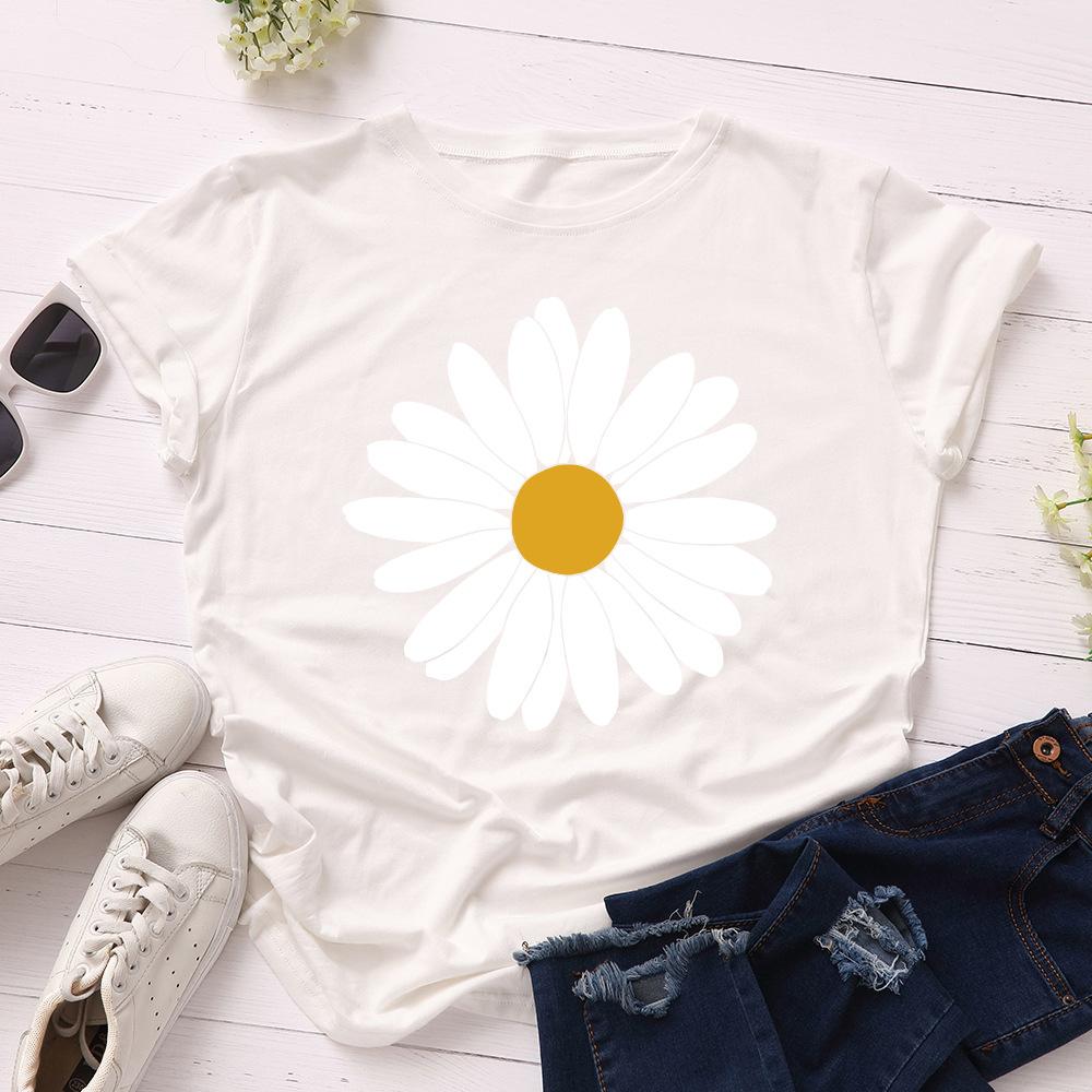 Big Sun Flower Cotton T-Shirt Short Sleeve Round Neck Women 2d Print Tops
