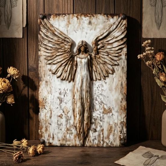 Arte de Parede em Metal Anjo da Guarda Rústico, Placa Pendurada Vintage com Asas de Anjo Desgastadas para Casa de Fazenda, Sala de Estar, Quarto, Hall de Entrada, Varanda, Decoração de Parede