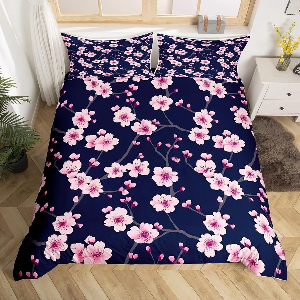 Pink Cherry Blossom Duvet Cover Twin King,Japanese Flowers Blossoms Romantic Floral Bedding Set,Farmhouse Petals Comforter Cover