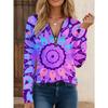 Women's Half-zipper Long-sleeved T-shirt, Bright Purple and Blue Mandala Print Long-sleeved T-shirt