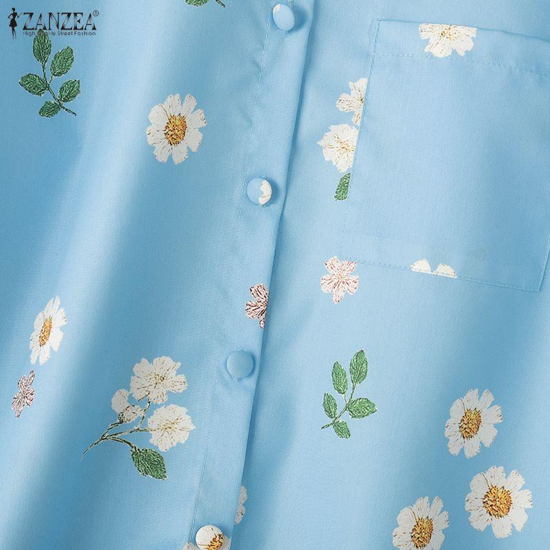 ZANZEA Women Turn Down Collar Casual 3/4 Sleeve Loose Floral Print Blouse