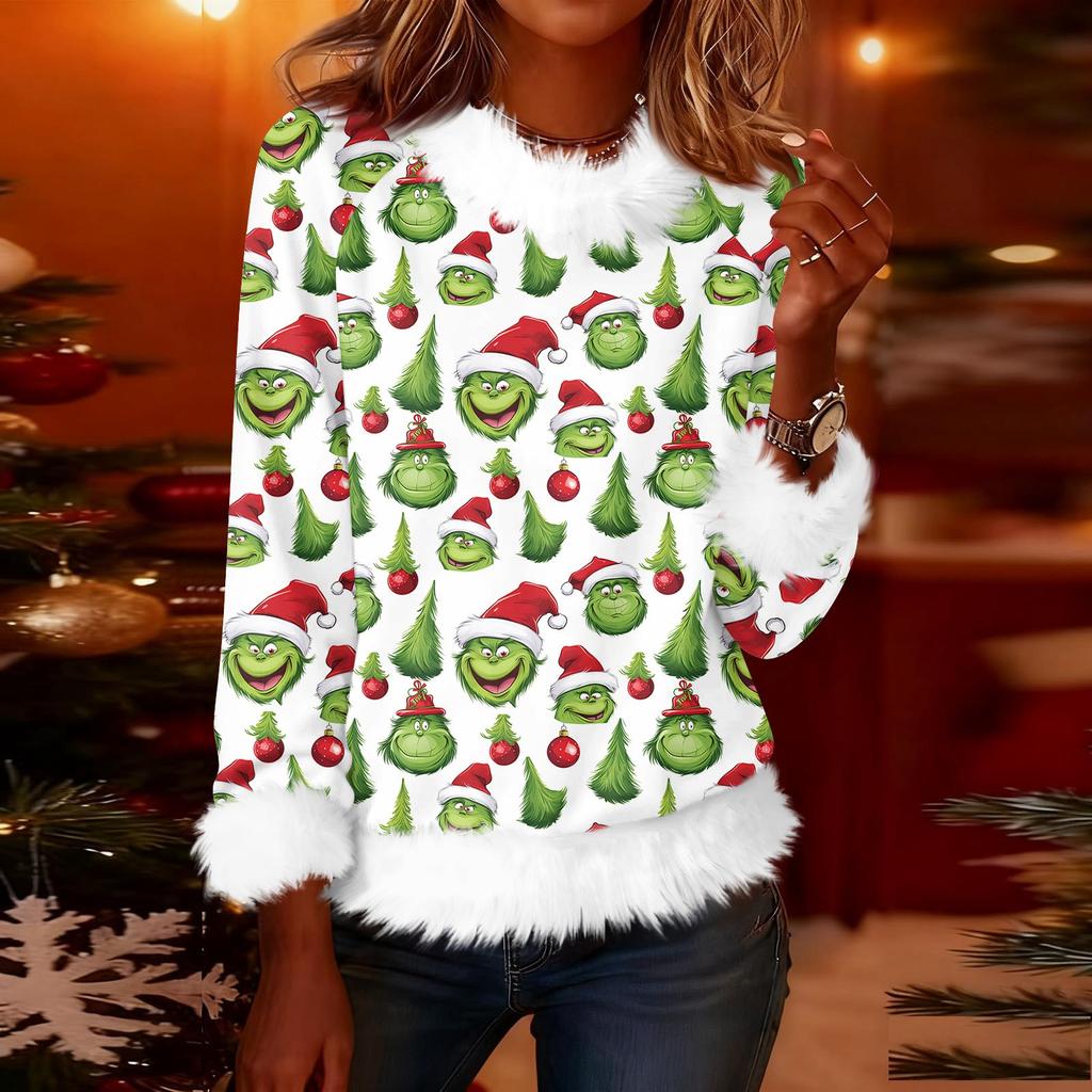 Women's Fashionable Christmas Printed Round Neck Long Sleeved Casual Pullover T-shirt Top