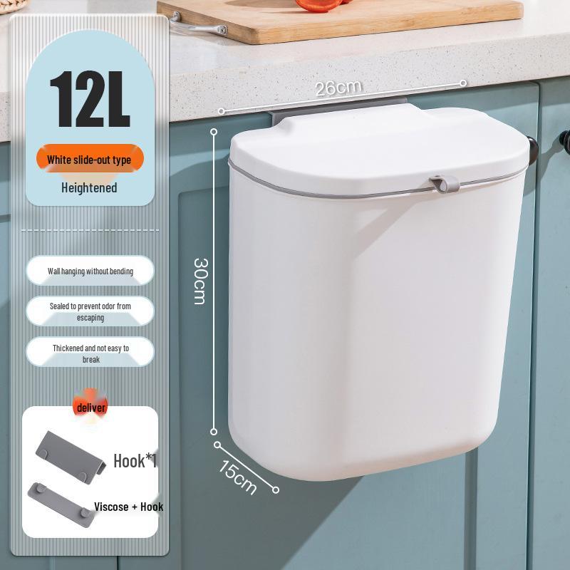 

Настенное кухонное мусорное ведро с крышкой - Большое бытовое мусорное ведро для ванной и туалета Sliding Lid 12L White + Hooks