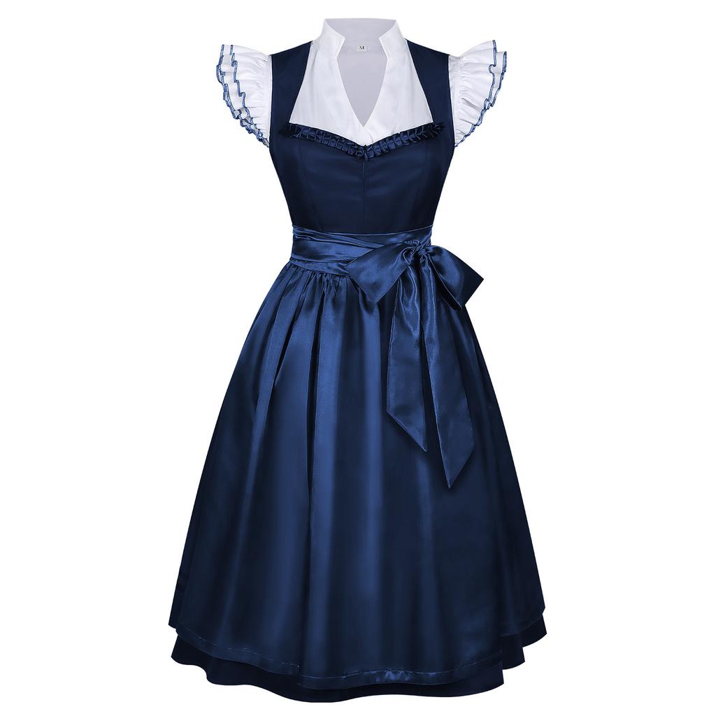 Dames Traditionele Oktoberfest Jurk Vintage Stijl Mouwloze Dirndl Jurk met Gerimpelde Kraag en Tailleband voor Festival