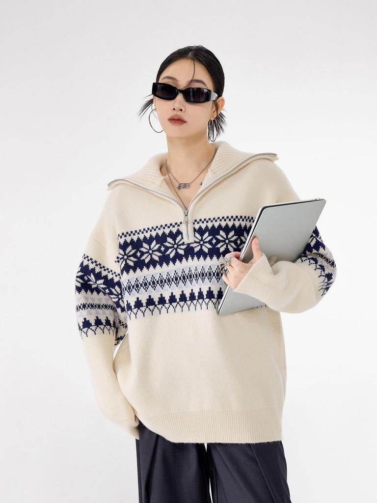 Unisex Röd Retro Fair Isle Halvdragkedja Hög Halsstickad Tröja