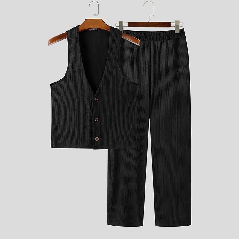 INCERUN 2PCS Men Texture Outfits Sleeveless Waistcoat Tops Long Pants Casual Sets S чёрный