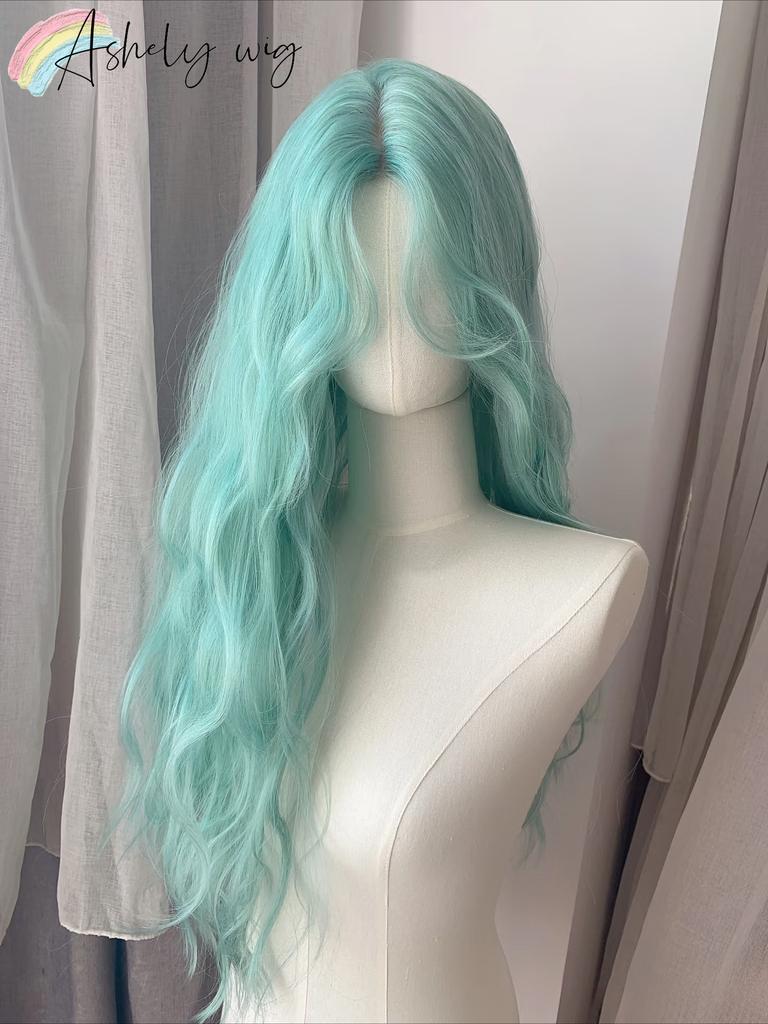 Peluca Ashely Azul Verde para Mujer 24 pulgadas de Largo Cabello Ondulado Peluca Fibra Sintética de Alta Calidad Pelucas Lolita Verde Menta Frescas Modernas Pelucas