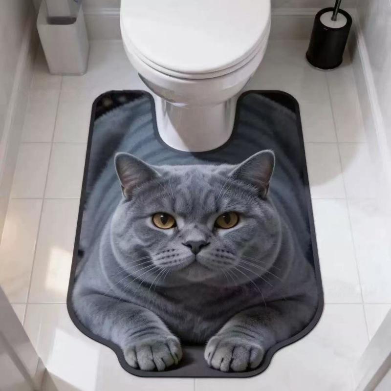 3D Realistic Cat U-Shaped Toilet Mat, Absorbent Non-Slip Bathroom Rug, Funny Fat Cat Toilet Floor Mat for Bathroom Decor, Multi Styles