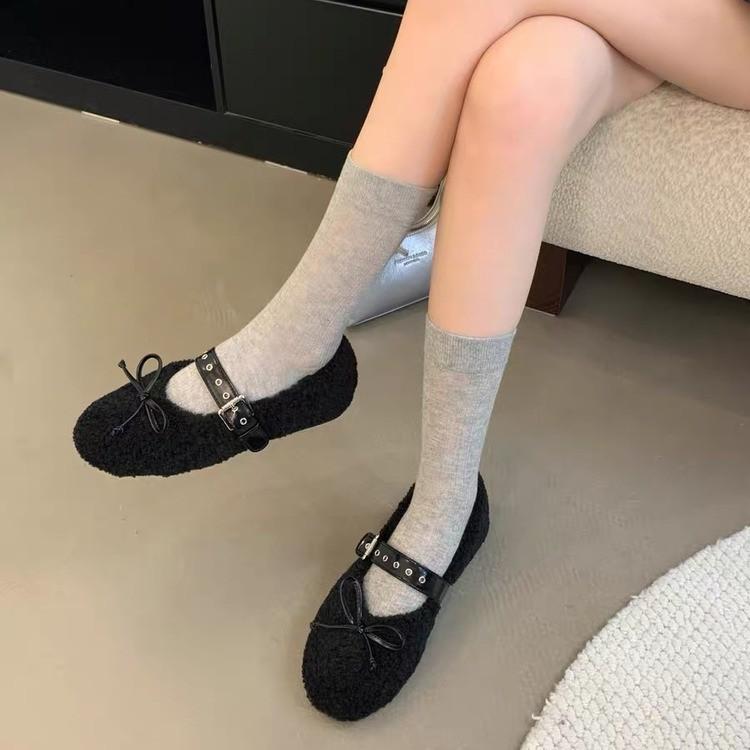 French Mary Jane Mao Mao shoes for women's outer wear 2025 autumn and winter new one-word single shoes with bow, shallow beanie shoes