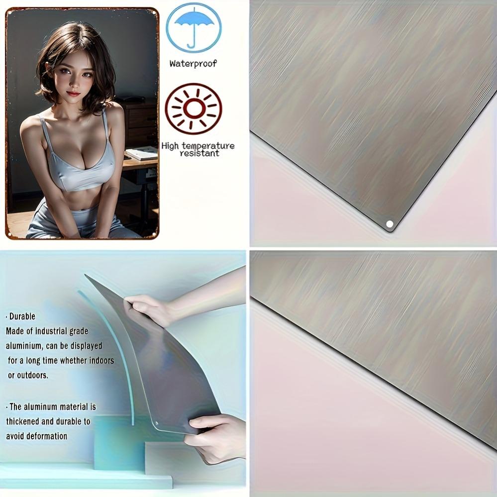 Vintage Women's Face Metal Poster - Elegant Brown Hair Red Lips Portrait - Waterproof Aluminum Sign with Adhesive - Home Cafe Ba