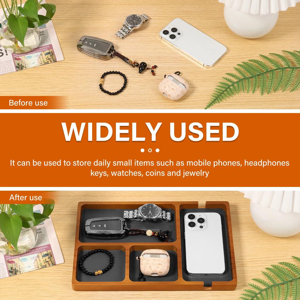 Wooden Office Desktop Storage Box Valet Tray with 4 Compartment Solid Wood for Glasses Mobile Phone Earphones Sundries Organizer