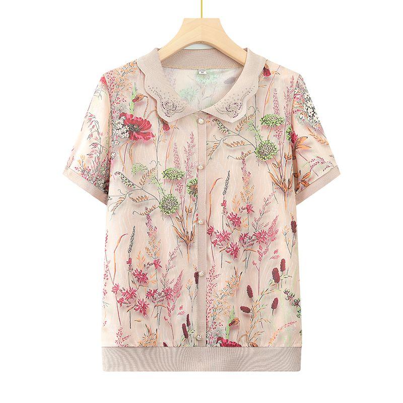 Spring Summer Women s Polo Collar Printed T-Shirt Rhinestone Loose Short Sleeve Polo Shirt XL красный