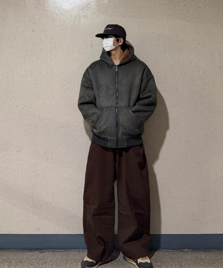 Jikeulib Brushed Brown Curved Cut-Line Wide Cotton Pants