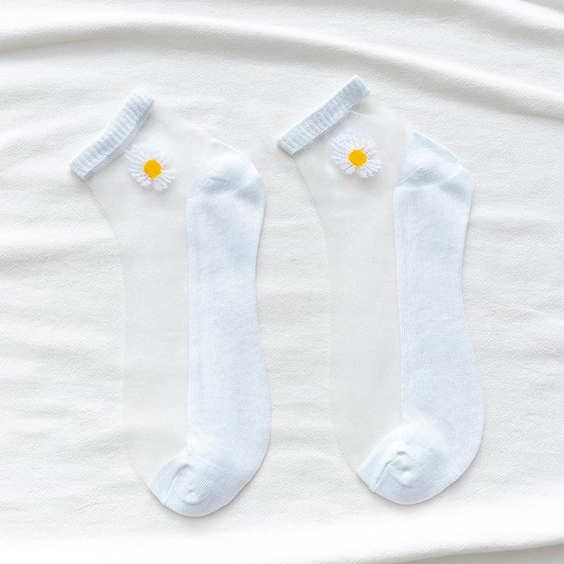 10 Pairs Women White Daisy Flower Short Socks Set Fashion Summer Thin Breathable Candy Color Transparent Crystal Silk Ankle Sock