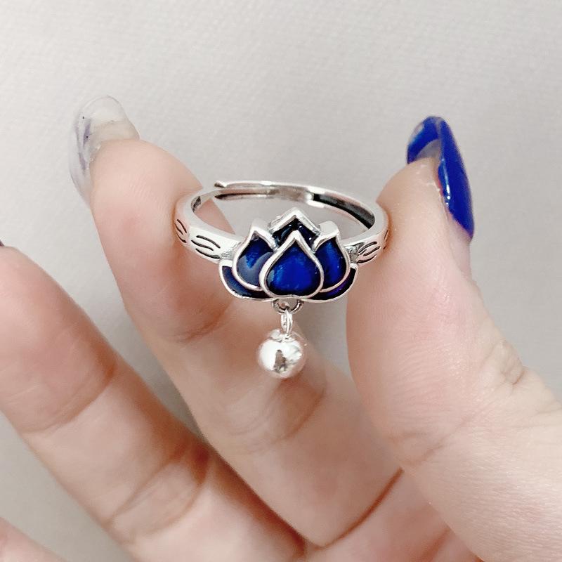 S925 Sterling Silver Blue Lotus Adjustable Tassel Ring for Women - Retro, Simple Design