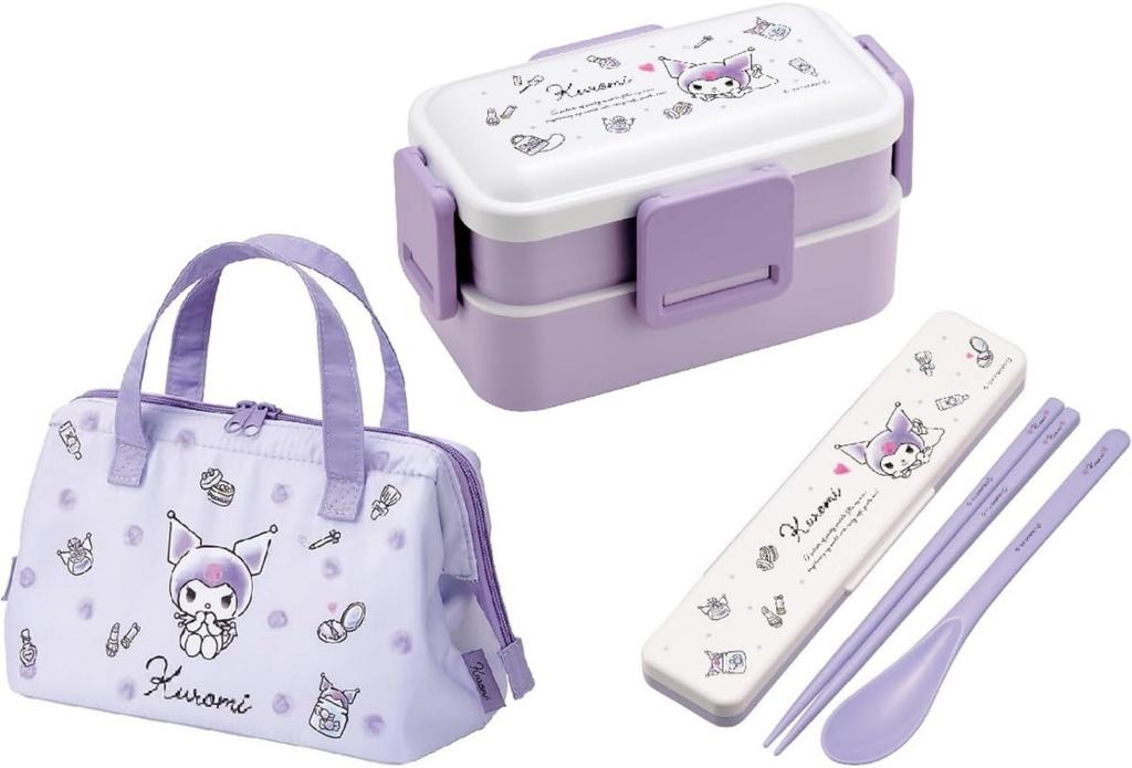 Skater Kuromi Watercolor Cosmetics Dishwasher Safe Soft Lunch Box, 2-Tier, 4-Point Lock, 600ml Combo Set (ChopsticksSpoon), Insulated Lunch Bag, My