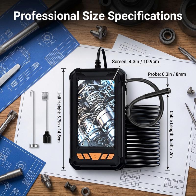 4.3 Inch 1080P Full-color Screen Automotive Endoscope Camera Waterproof 8mm Probe for Car Engine Cylinder Exhaust Diagnosis