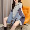 Denim Patchwork Kapuzenpullover, Fake Two-Piece, Mittellang Locker Geschnitten, 2025 Koreanischer Stil, Große Größen Pullover Hoodie
