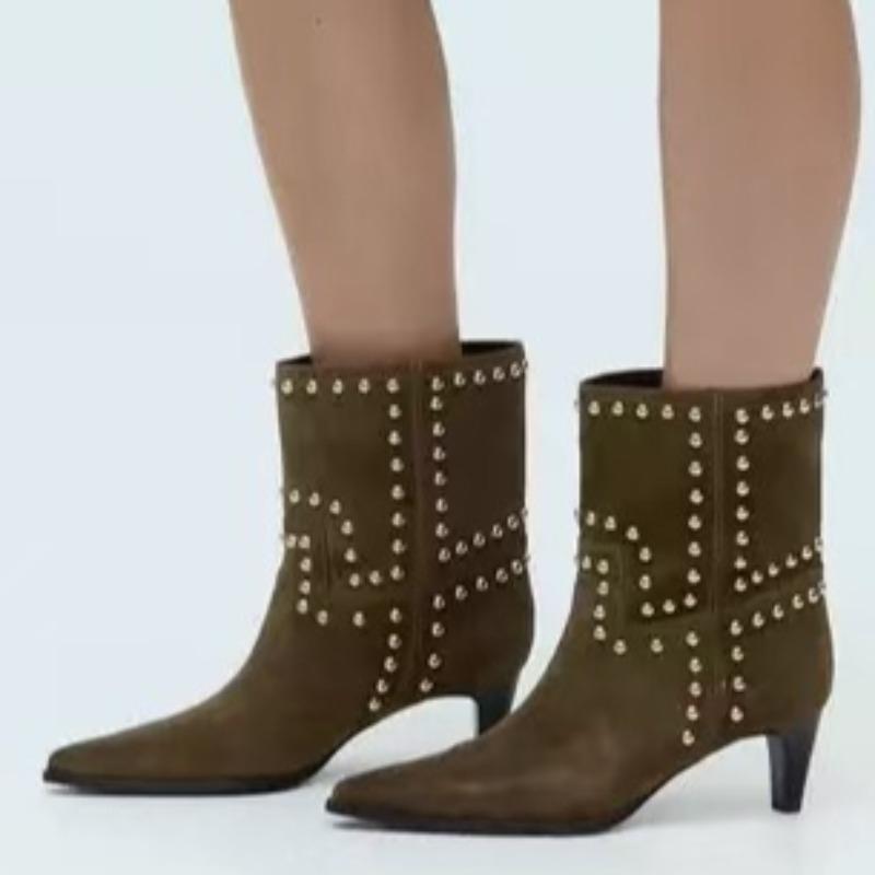 2025 Autumn and Winter Rivet Fashion High Heel Chelsea Boots Pointed and Nude Boots High Heels Stiletto Western Boots