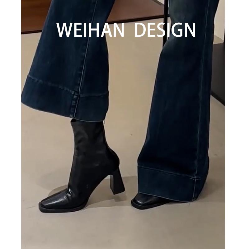 High Heel Square Head Skinny Boots Short Boots Women's Thick Heel Retro Martin Boots British Short Boots Single Boots