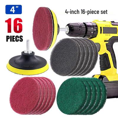 16-Piece Electric Drill Cleaning & Polishing Brush Set: Round Discs & Scouring Pads